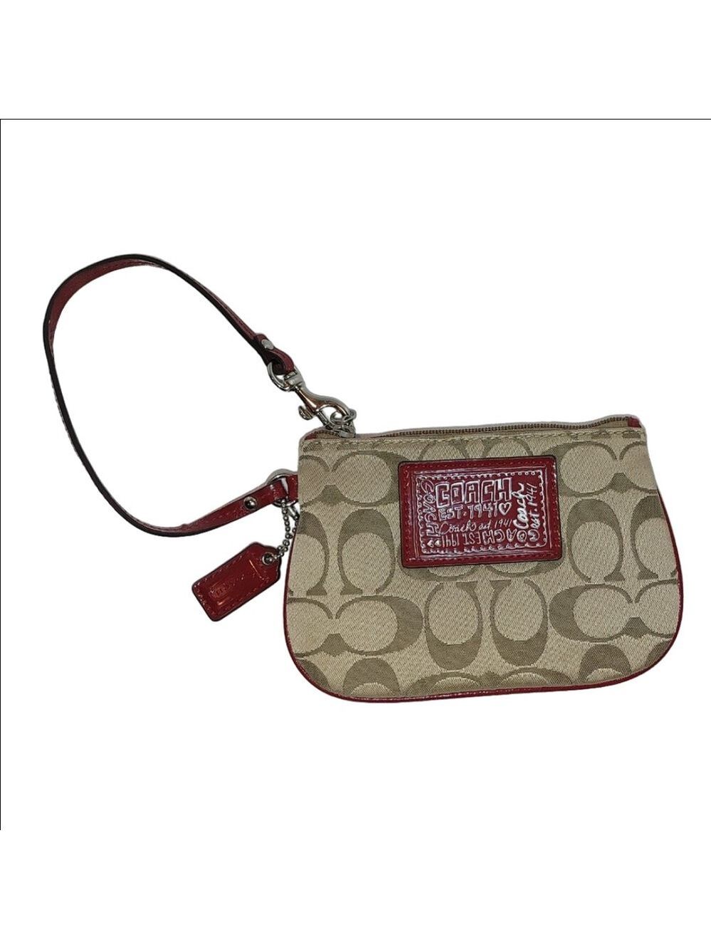 Coach Poppy Jacquard Wristlet Small Beige And Red